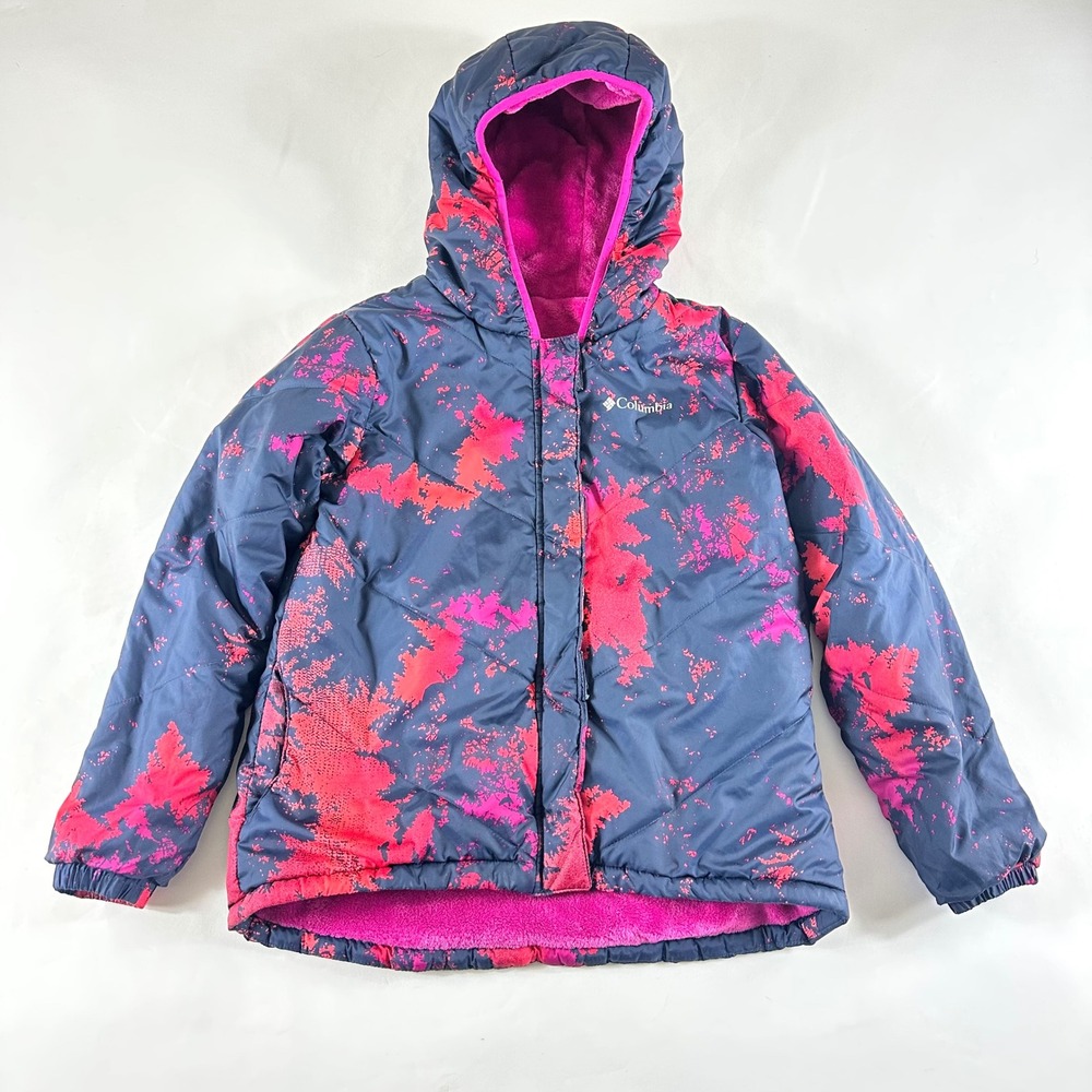 Columbia Girls Medium 10/12 Reversible Hooded Jacket Pink Navy Fleece SG7673